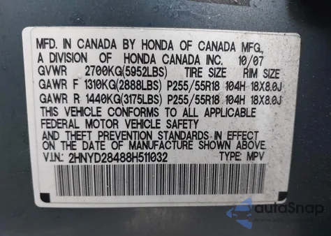 2008 Acura Mdx Technology Package из США, поврежденный, VIN 2HNYD28488H511032